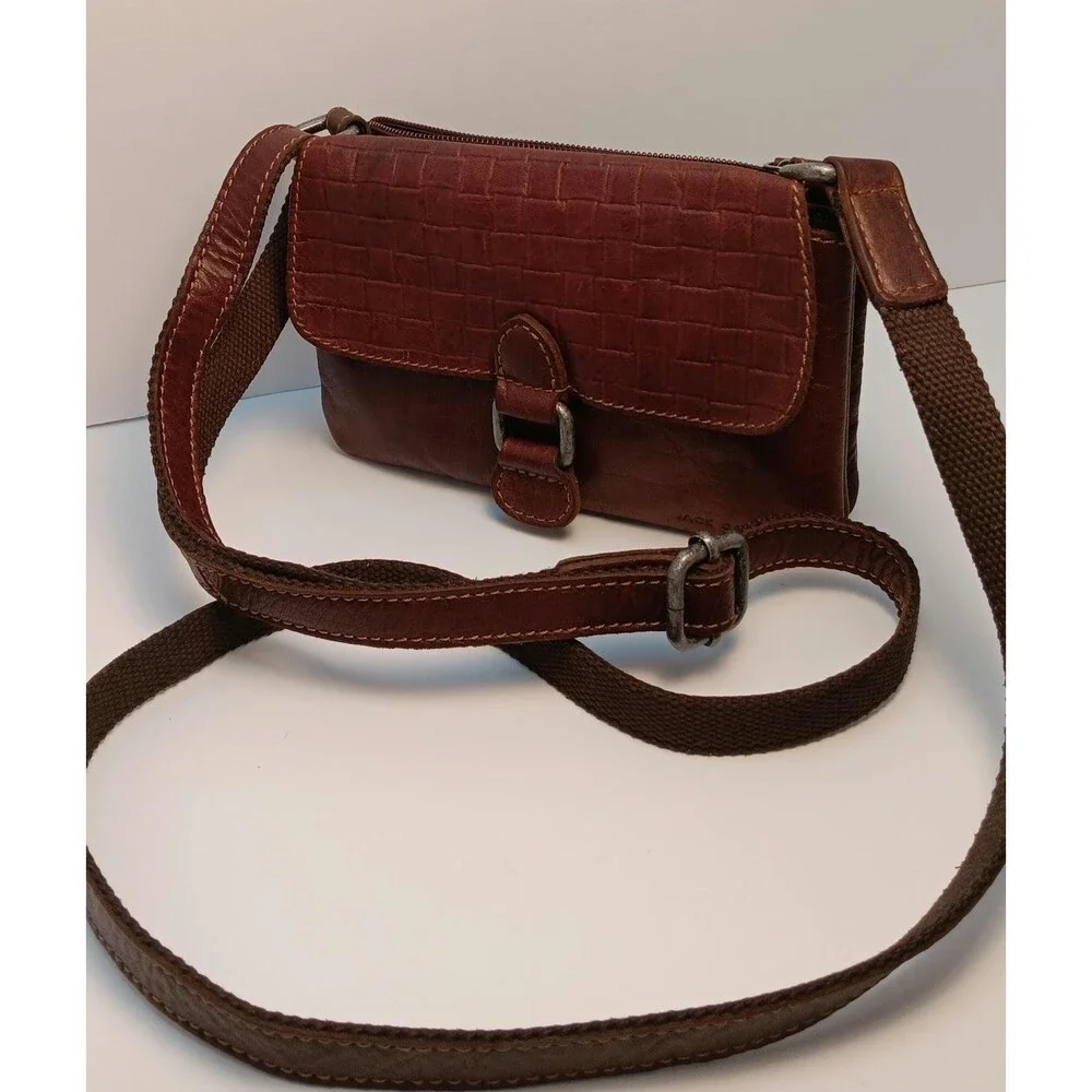 Vintage Jack Georges Brown Leather Crossbody Bag – Woven Embossed Flap Shoulder